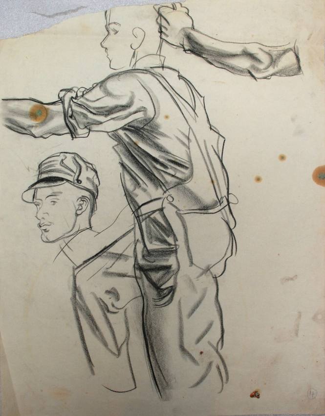 Untitled (Young man in overalls. Study of head with cap. Study of left arm.)