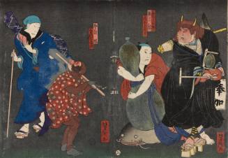 (left) Two figures, one dogfaced;  (right) Two figures, one horn mask