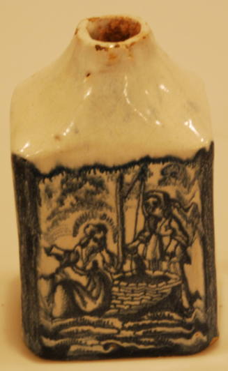 Delft Bottle: (a) "Flo Blu" Decoration of two women at well head; (b) Rebecca at the well