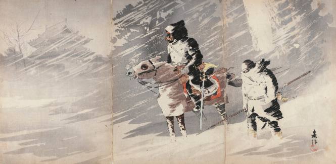 Braving Heavy Snow, a Japanese Officer Scouts Enemy Territory