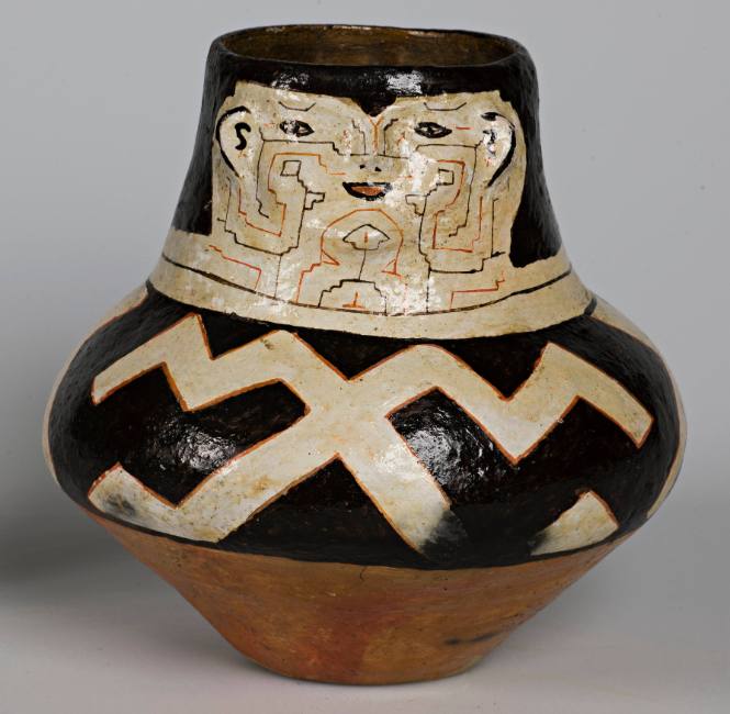 Effigy Jar with White and Red Designs on Black