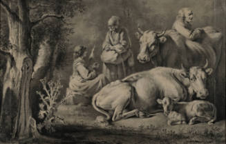 Berger et vaches dans un paysage boisé, une vielle paysanne debout et une jeune femme assise filant de la laine (Shepherd and cows in a wooded landscape, an old peasant standing and a young woman sitting, spinning wool)