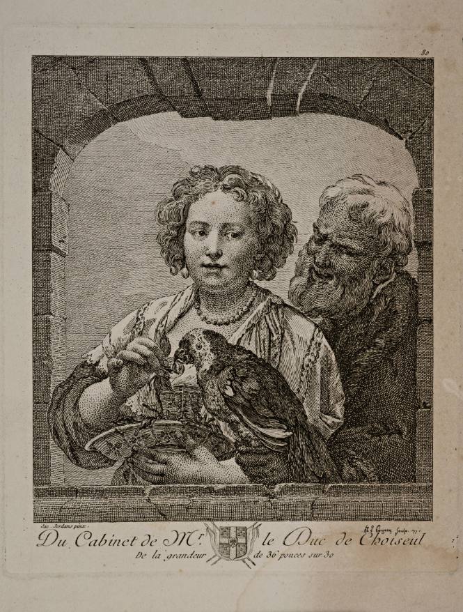 A woman seen through a window, with parrot and elderly man (from the Cabinet of Le Duc de Choiseul)