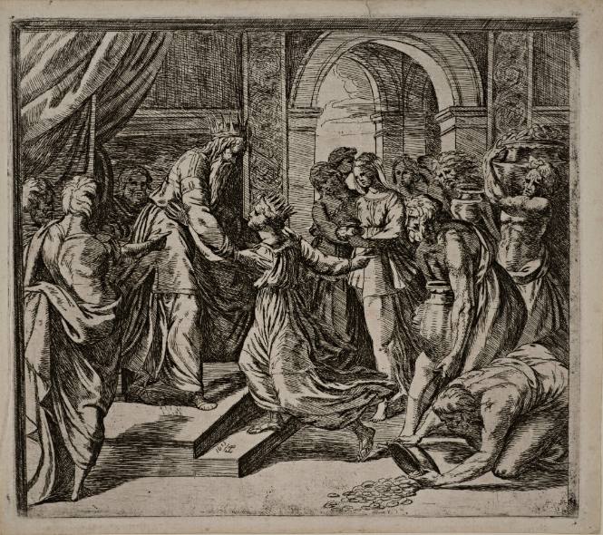 Solomon being visited by the Queen of Sheba, plate 48 from the Raphael Bible, 1615