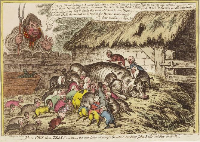"More Pigs than Teats,"--or-- the new Litter of hungry Grunters sucking John-Bull's-Old-Sow to death