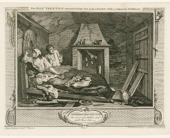 The Idle Prentice return'd from Sea, + in a Garret with a common Prostitute (from Industry and Idleness)