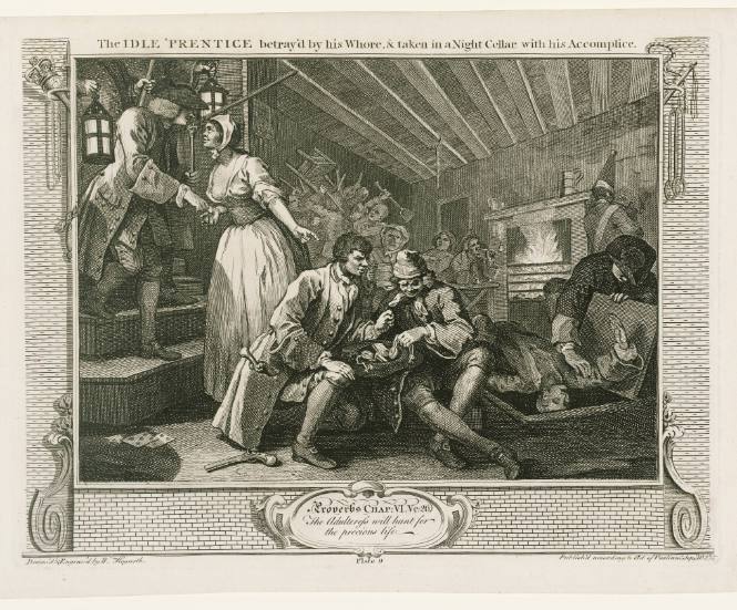 The Idle 'Prentice betray'd by his Whore, & taken in a Night Cellar with his Accomplice (from Industry and Idleness)