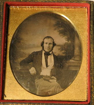 Seated Man in White Vest, with Elaborately Painted Background with Lake and Column