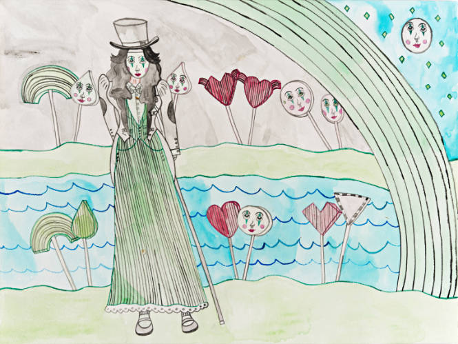 Untitled (green figure with striped lollipops)