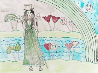 Untitled (green figure with striped lollipops)
