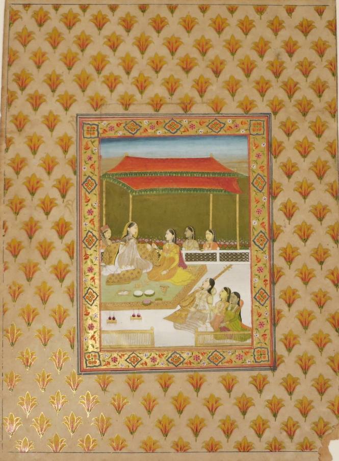 Lady and Intimate Companion on Garden Terrace with Female Musicians and Attendants