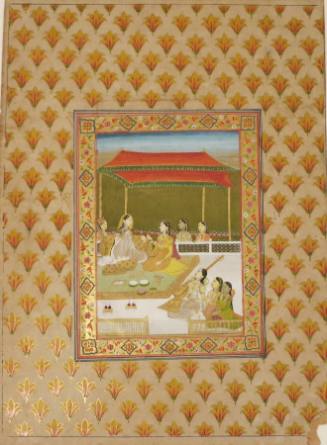 Lady and Intimate Companion on Garden Terrace with Female Musicians and Attendants