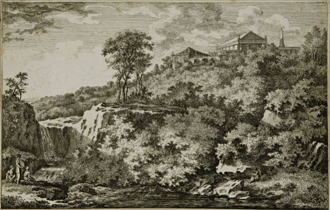 Open landscape with Greek (?) temple / ruins on hill