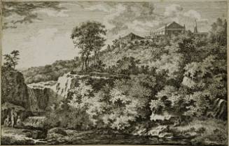 Open landscape with Greek (?) temple / ruins on hill