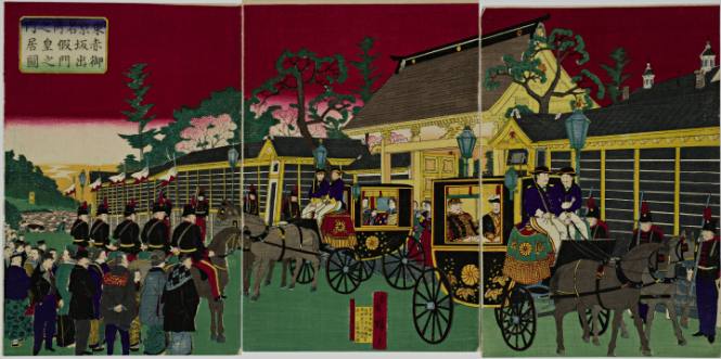 Famous Places in Tokyo: Illustration of the Emperor and Empress Leaving the Temporary Imperial Palace at Akasaka