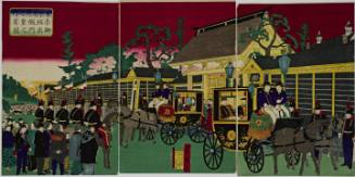 Famous Places in Tokyo: Illustration of the Emperor and Empress Leaving the Temporary Imperial Palace at Akasaka