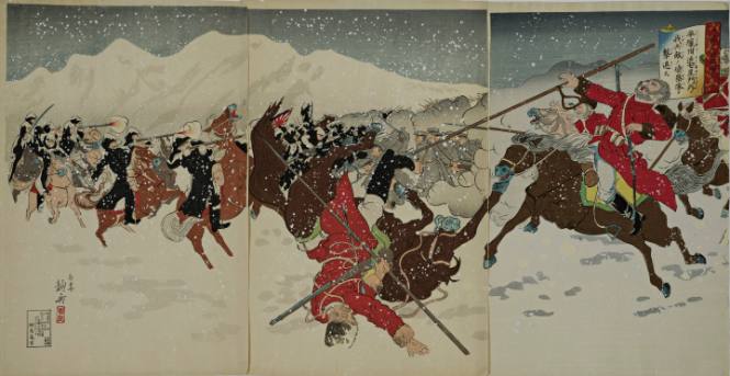 Japanese Cavalry attack Russian Column in Snow