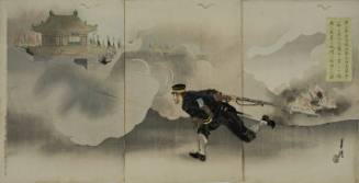In the Second Army’s Assault on Jinzhoucheng, Engineer Superior Private Onoguchi Tokuji, Defying Death, Places Explosives and Blasts the Gate of the Enemy Fort