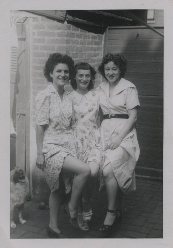 Untitled [Three women raise one knee to the center, dog in background]