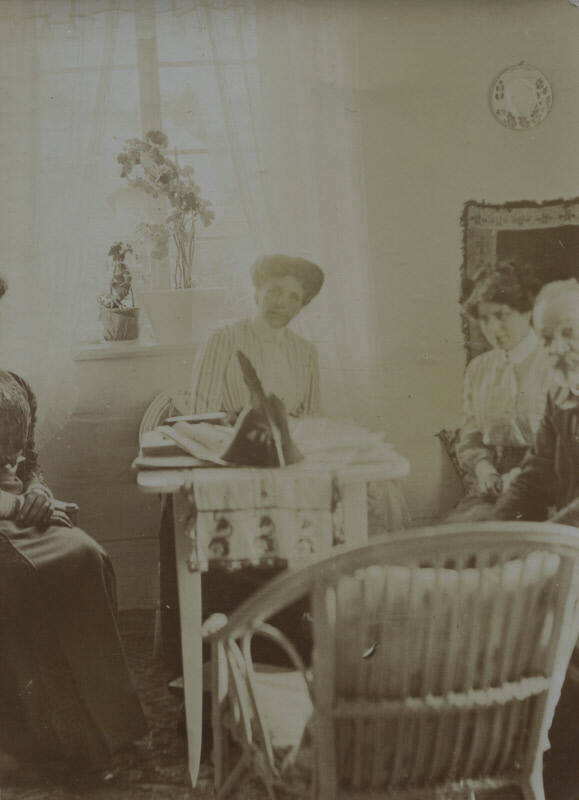 Untitled [People sit around table, orchids in window]