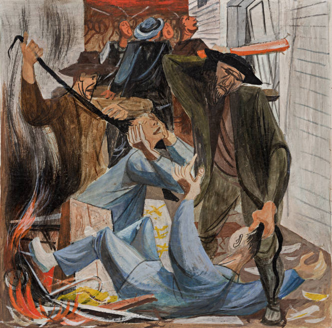 Sand Lot Riots, color sketch for Rincon Annex, Post Office, San Francisco, California