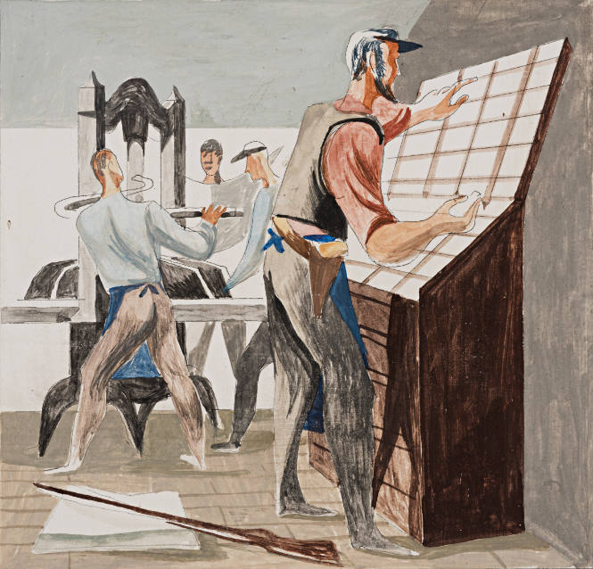 1837, Printing the California Star, color sketch for Rincon Annex, Post Office, San Francisco, California