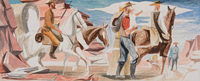 Overland Trek Westward, color sketch for Rincon Annex, Post Office, San Francisco, California