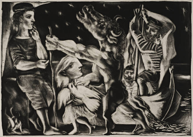 Blind Minotaur Led through the Night by Girl with Fluttering Dress