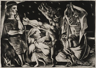 Blind Minotaur Led through the Night by Girl with Fluttering Dress