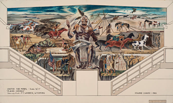Panorama of the Plains, color sketch for mural, Service Club No 2, Fort Warren, Wyoming, Quartermaster Replacement Training Center, Third Regiment