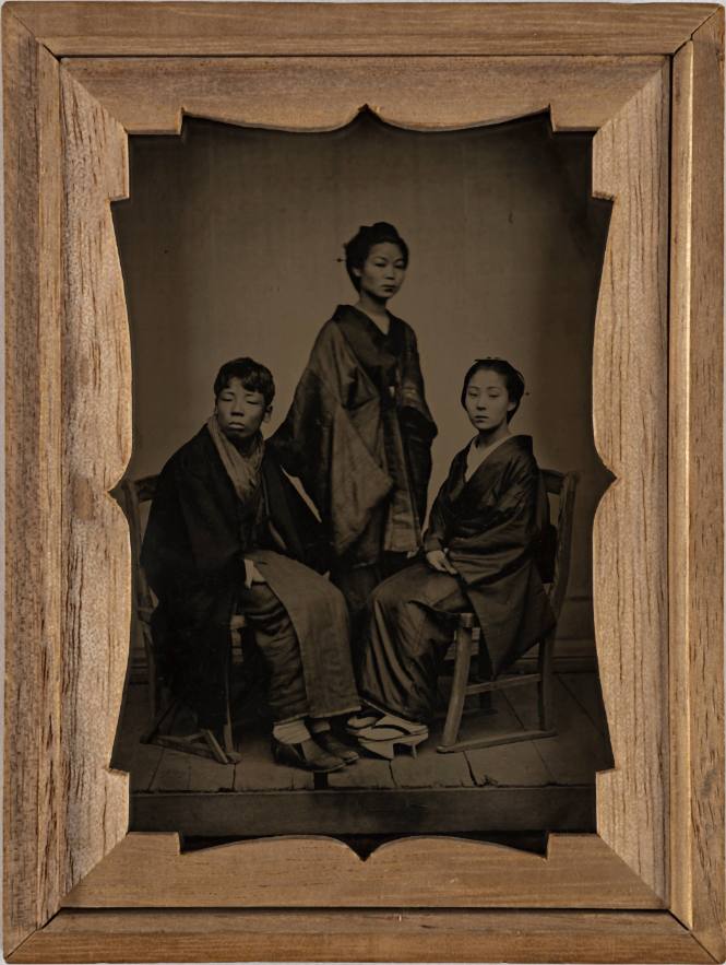 Portrait of a Young Geisha (seated), a Maid, and a Young Man