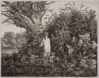 Girl Bathing, Standing in a Pool, in Front of a Tall Dead Willow Tree and Tall Reeds