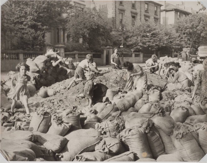 Women making sandbags, London