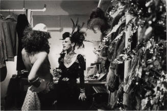 Transvestites in dressing room at a performance of the "Cockettes," New York City