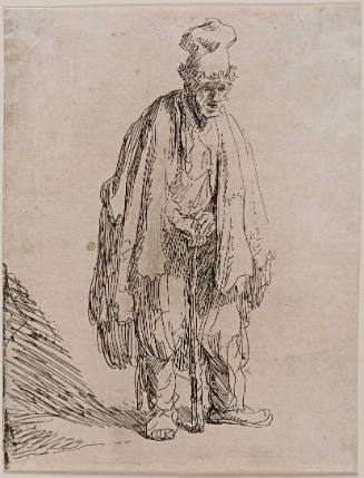A Beggar in a High Cap, Standing and Leaning on a Stick