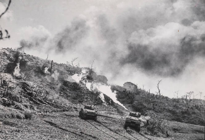 World War II. The Pacific Campaign. The Battle of Okinawa (Japanese island). US flame throwers used to dislodge the Japanese from their bunkers. April, 1945.