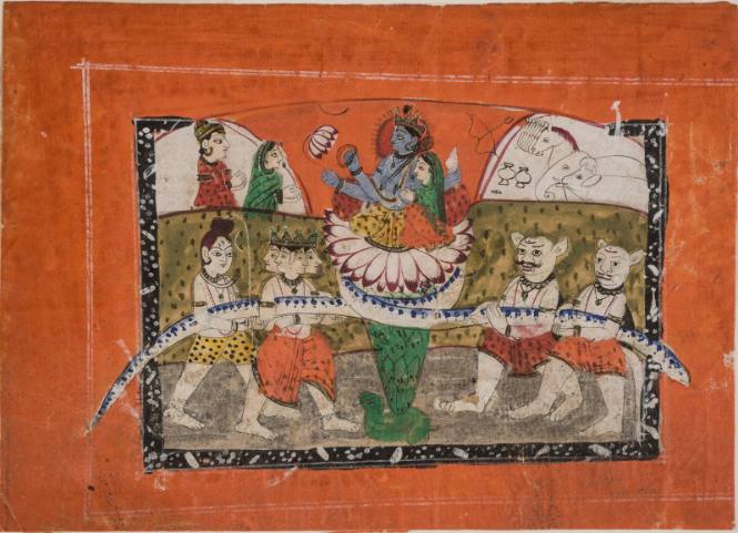 Churning of the Ocean of Milk, Presided over by Krishna with Shiva, Brahma, Vishnu in his Kurma (Tortoise) Avatar and Asuras (Demons)