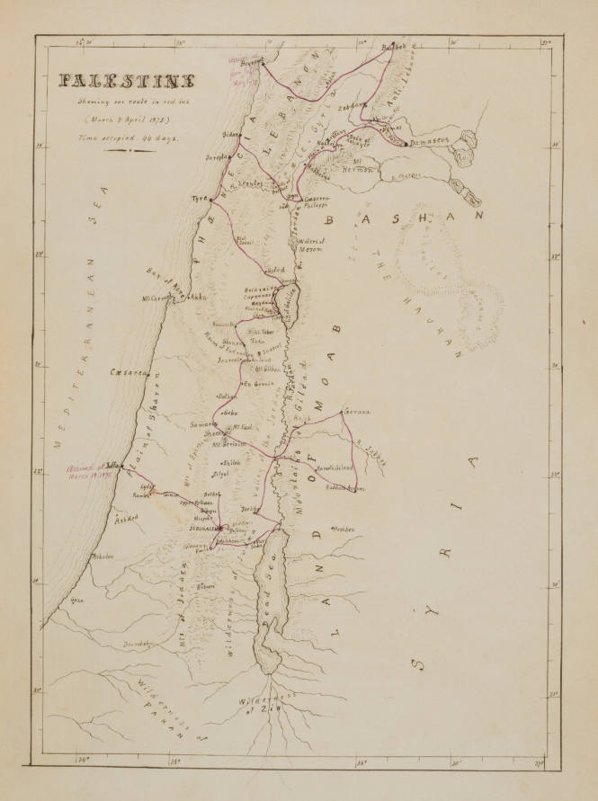 Map of Palestine showing travel route, from the Sketches in Camp and on Horseback through Palestine tourbook