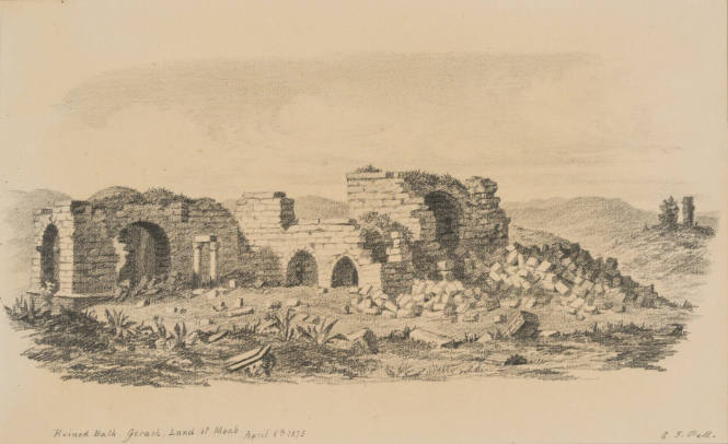 Ruined Bath Gerash, Land at Moab, from the Sketches in Camp and on Horseback through Palestine tourbook