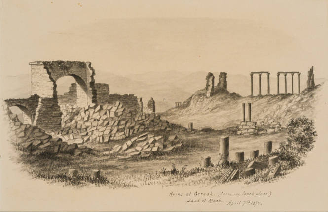 Ruins at Gerash (from our lunch place) Land of Moab, from the Sketches in Camp and on Horseback through Palestine tourbook