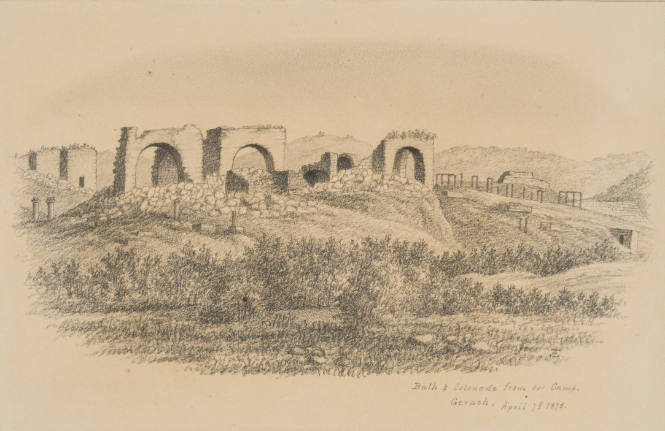 Bath & Colonade from our Camp, Gerash, from the Sketches in Camp and on Horseback through Palestine tourbook