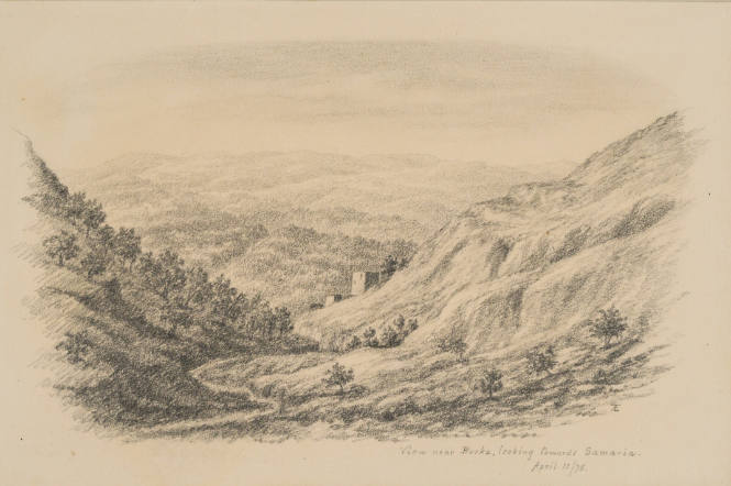 View near Burka, looking toward Samaria, from the Sketches in Camp and on Horseback through Palestine tourbook
