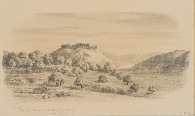 "Sanur" Sheykhs Fortress and the Drowning Meadow, from the Sketches in Camp and on Horseback through Palestine tourbook