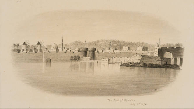 The Port of Rhodes, from the Sketches in Camp and on Horseback through Palestine tourbook
