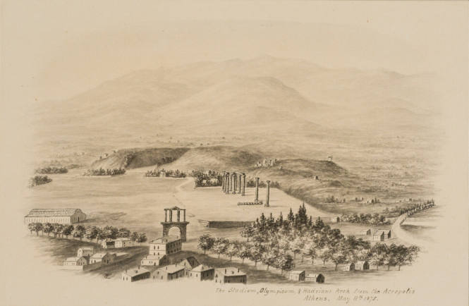 The Stadium, Olympieum and Hadrians Arch from the Acropolis, Athens, from the Sketches in Camp and on Horseback through Palestine tourbook