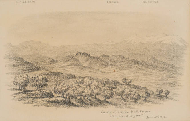 Castle of Tibnin and Mount Hermon from near Bint Jerbeil, from the Sketches in Camp and on Horseback through Palestine tourbook