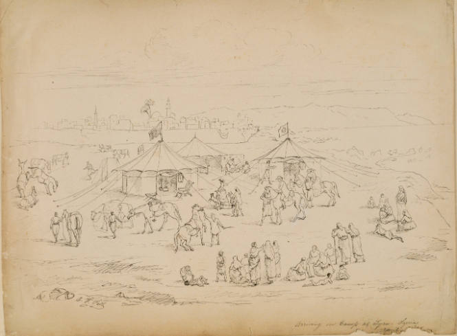 Arriving in Camp at Tyre, Syria, from the Sketches in Camp and on Horseback through Palestine tourbook