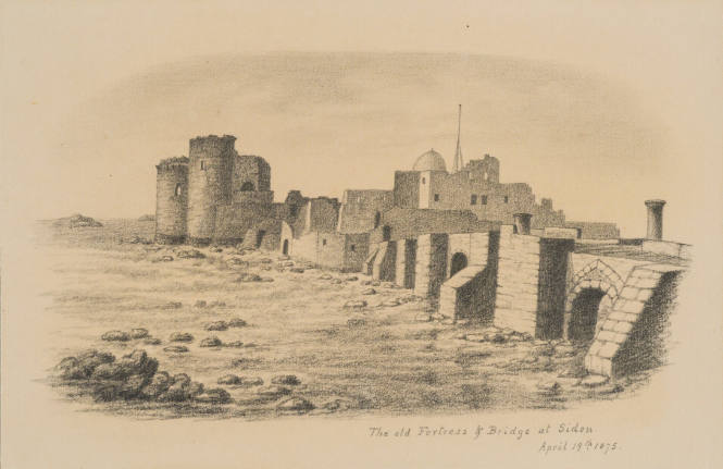 The Old Fortress and Bridge at Sidon, from the Sketches in Camp and on Horseback through Palestine tourbook