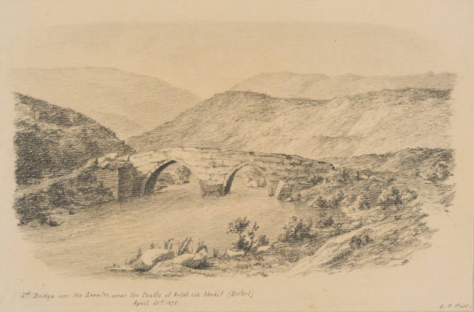 Second Bridge over the Leontes near the Castle of Kulet esh Shukif (Belfort), from the Sketches in Camp and on Horseback through Palestine tourbook