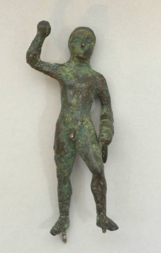 Statuette of Hercules, right arm upraised, left leg stepping forward lion skin over left forearm
